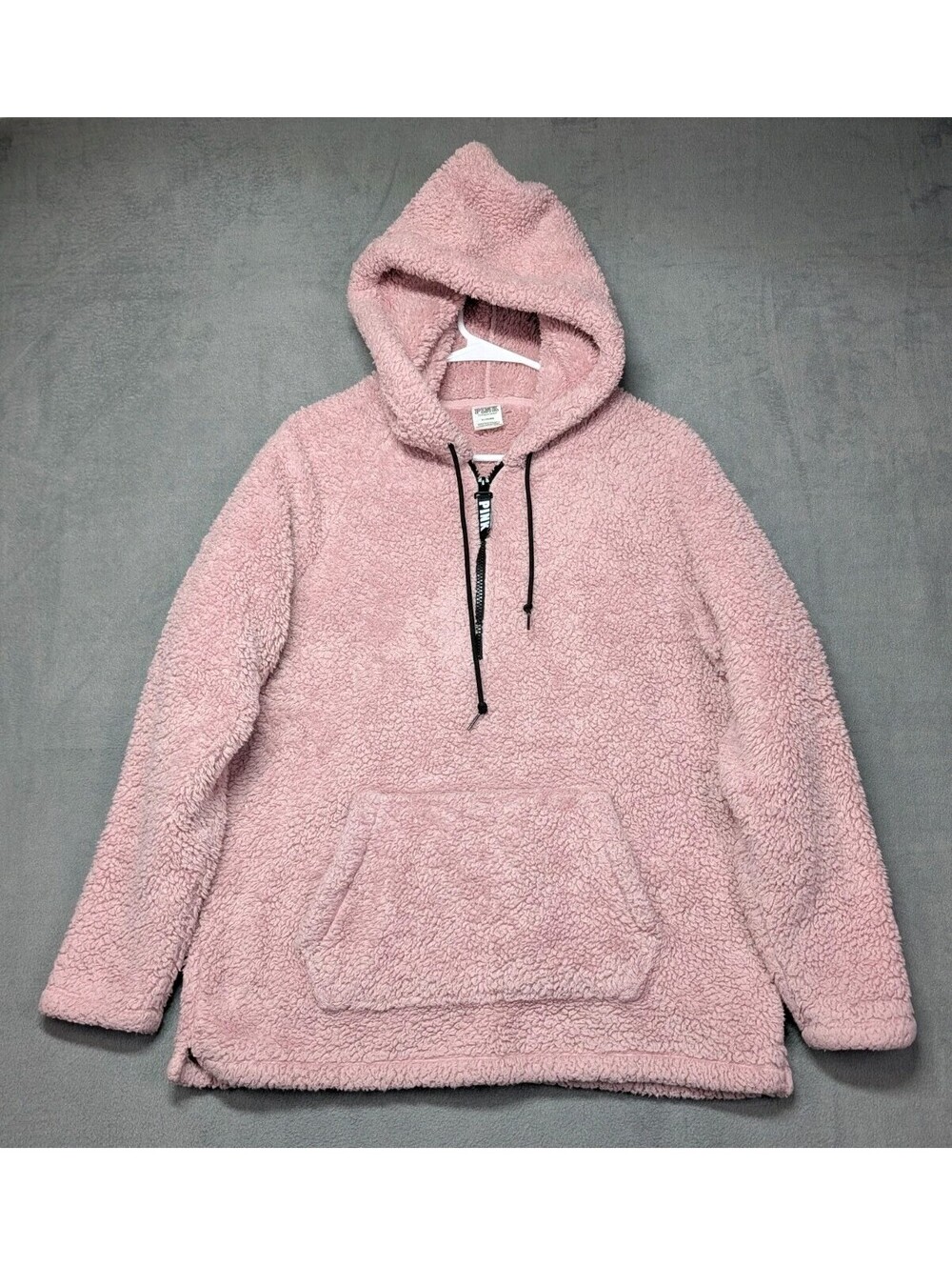 PINK Victorias Secret Womens M Pink Sherpa Fleece Hoodie Pullover Teddy Half Zip